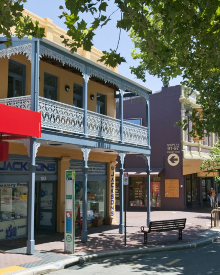 Commercial shopping strip with heritage-style business premises