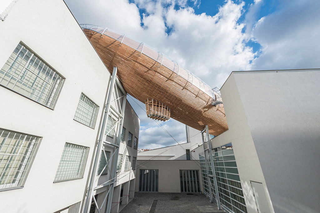 Giant wooden airship is actually a reading room at a Prague museum