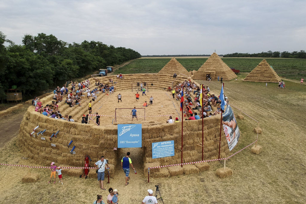 Russian farmer builds straw football stadium to mock cost of World Cup venue