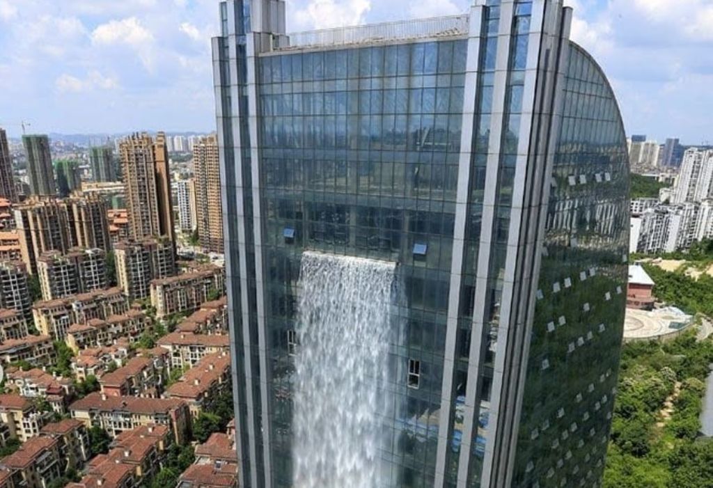 Chinese skyscraper has world's largest man-made waterfall