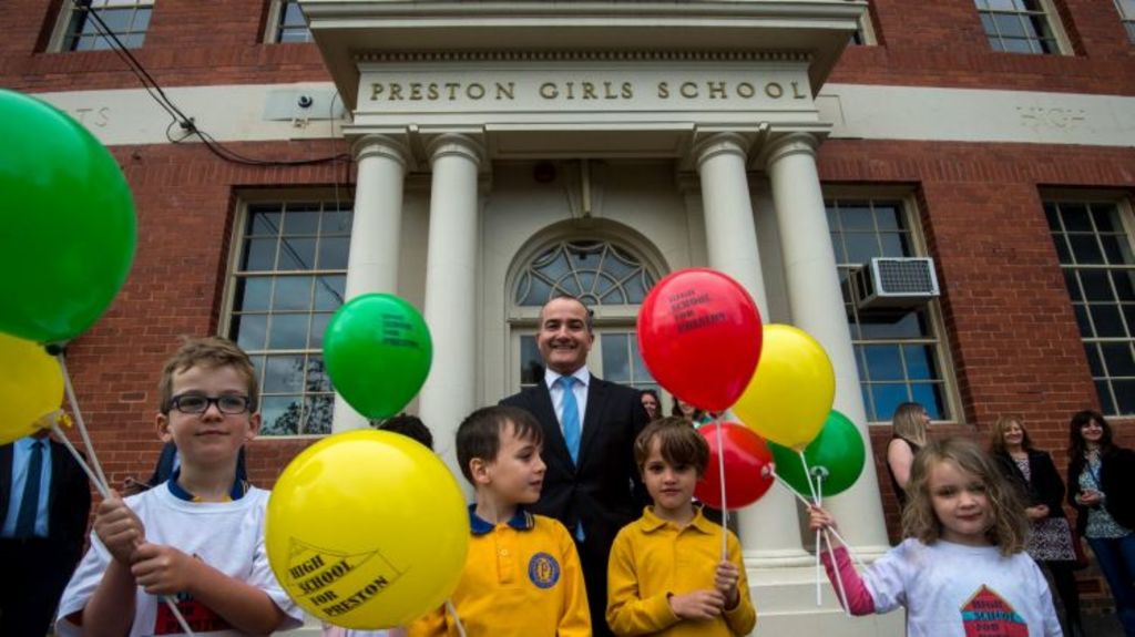 The Education Minister and Deputy Pemier James Merlino announcing that the old Preston Girls School will re-open as a High School for the Preston area. Photo: PENNY STEPHENS. The Age. 2ND NOVEMBER 2016 Photo: Penny Stephens