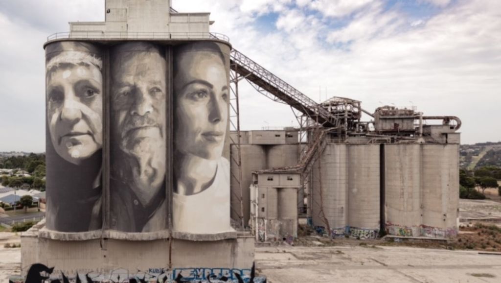 The silos artwork depicts Corrina Eccles, Cor Horsten, and Kelly Cartwright. Photo: Supplied
