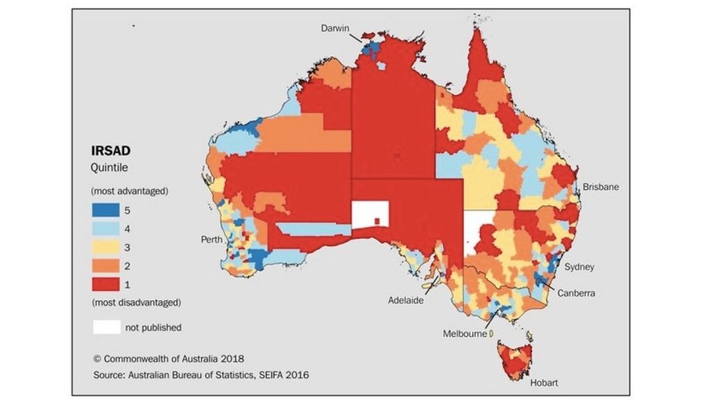 Index of relative advantage and disadvantage quintiles (20 per cent lots) for Local Government Areas. Photo: Australian Bureau of Statistics.