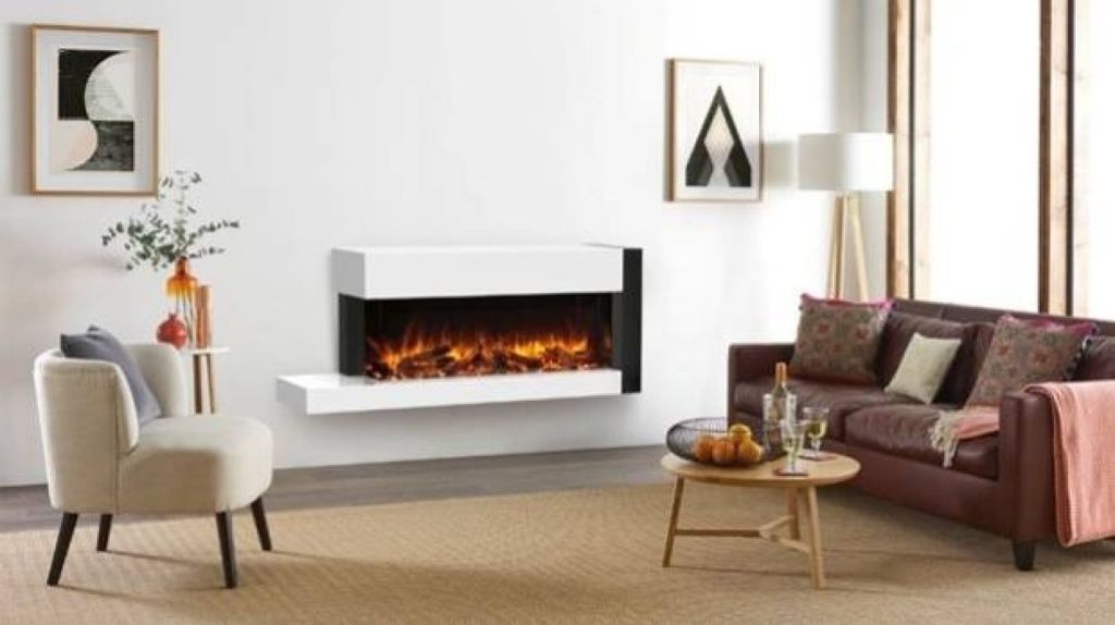 Hang on the wall electric fires can be two or three sided and have floating shelves such as those in the Skope Trento Suite from The Fireplace. Photo: The Fireplace