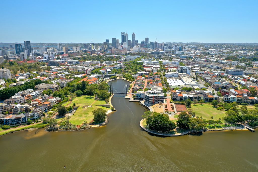 Aerial view of the Swan River looking towards Claisebrook Cove in East Perth, Western Australia, with the Perth city skyline in the background