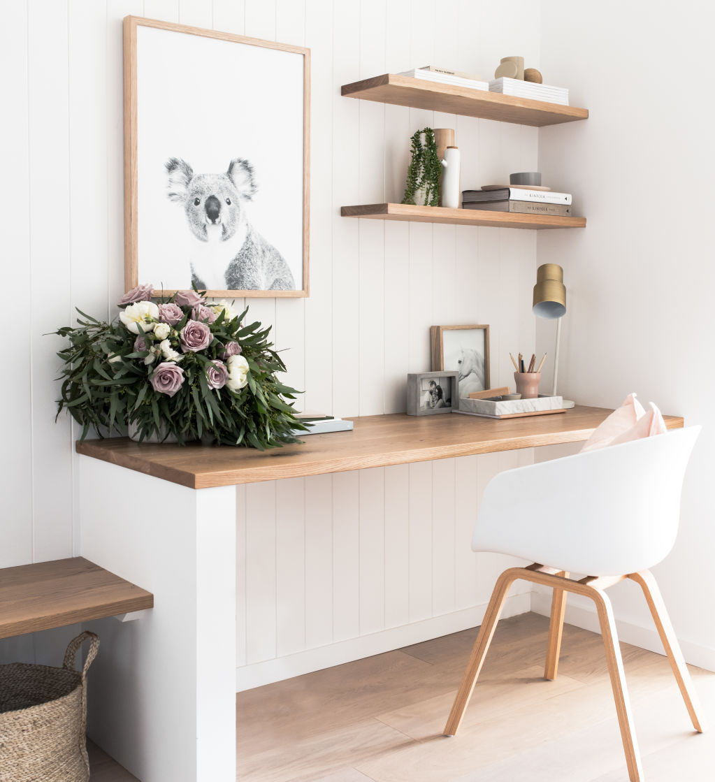 Floating shelves are an easy DIY job to add more storage options to your home office. Photo: Nat Spada. Styling: The Stables