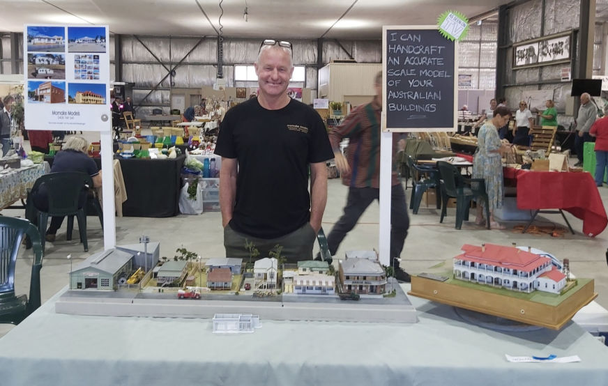 Shane Donnelly showing his model constructions at a local market. Photo: Supplied