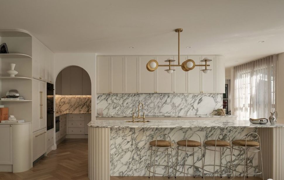 Interiors feature European Oak Herringbone floors and marble detail. Photo: Place Estate Agents Ascot