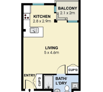 A typical studio apartment floor plan.