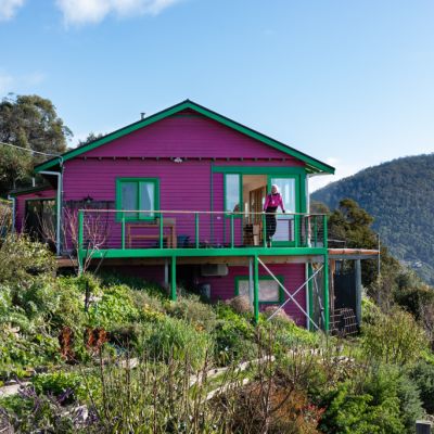 The bright pink property home to chickens, goats and bees, and a family of three