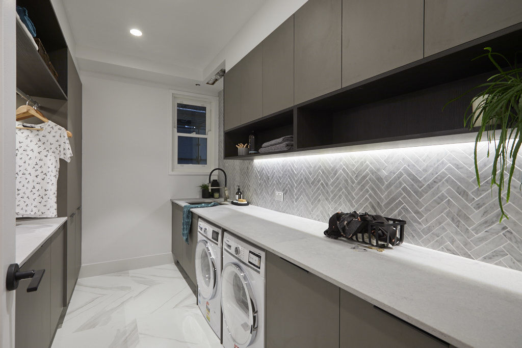 The laundry splashback and smart storage were the highlights of their laundry. Photo: Channel Nine Photo: Channel Nine