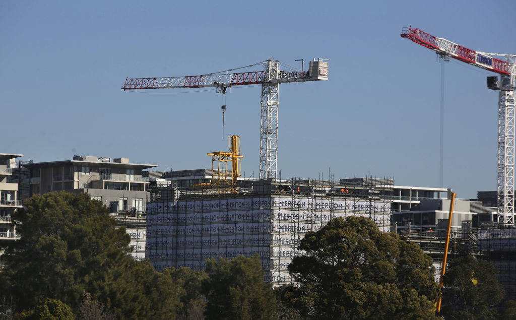 SMH NEWS/GENERICS: High density apartments under construction in Mascot, Sydney. Meriton. Units. Rentals. Property. Real estate. Housing. Mortgage rates. Interest rates. Property bubble. Homes. Home. building. Property boom. Building Boom. Population. infrastructure. August 12, 2018. Photo: James Alcock.