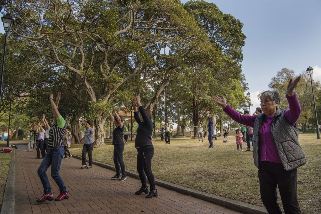 Ladies enjoying Chinese exercise Guang Chang wu at  Burwood Park. Image: Fairfax