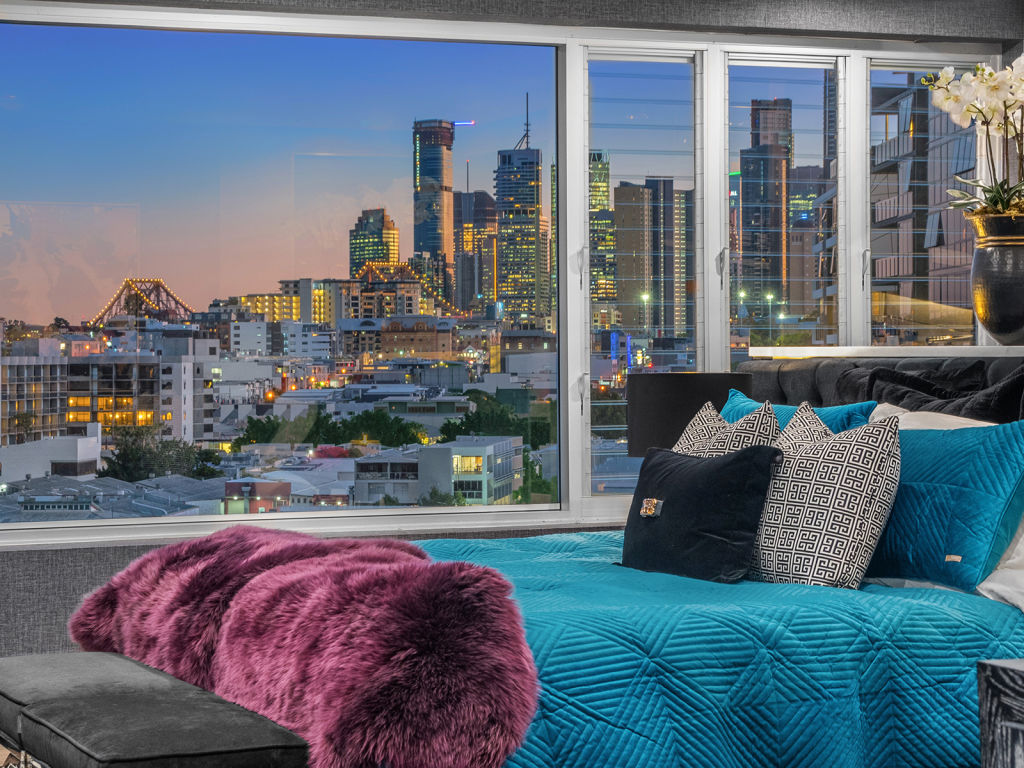 A bedroom with a rather nice view at 801/8 Kyabra Street, Newstead. Photo: Ray White New Farm.