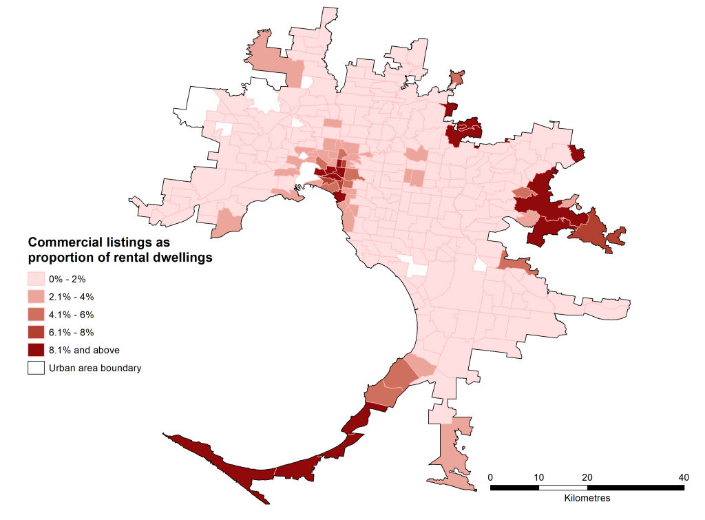 Airbnb listings as proportion of rental dwellings in Melbourne Photo: Supplied: AHURI