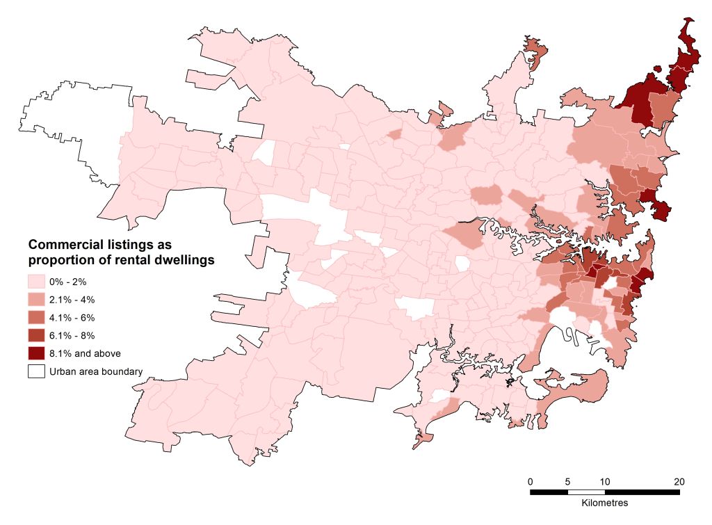 Airbnb listings as proportion of rental dwellings in Sydney Photo: Supplied: AHURI