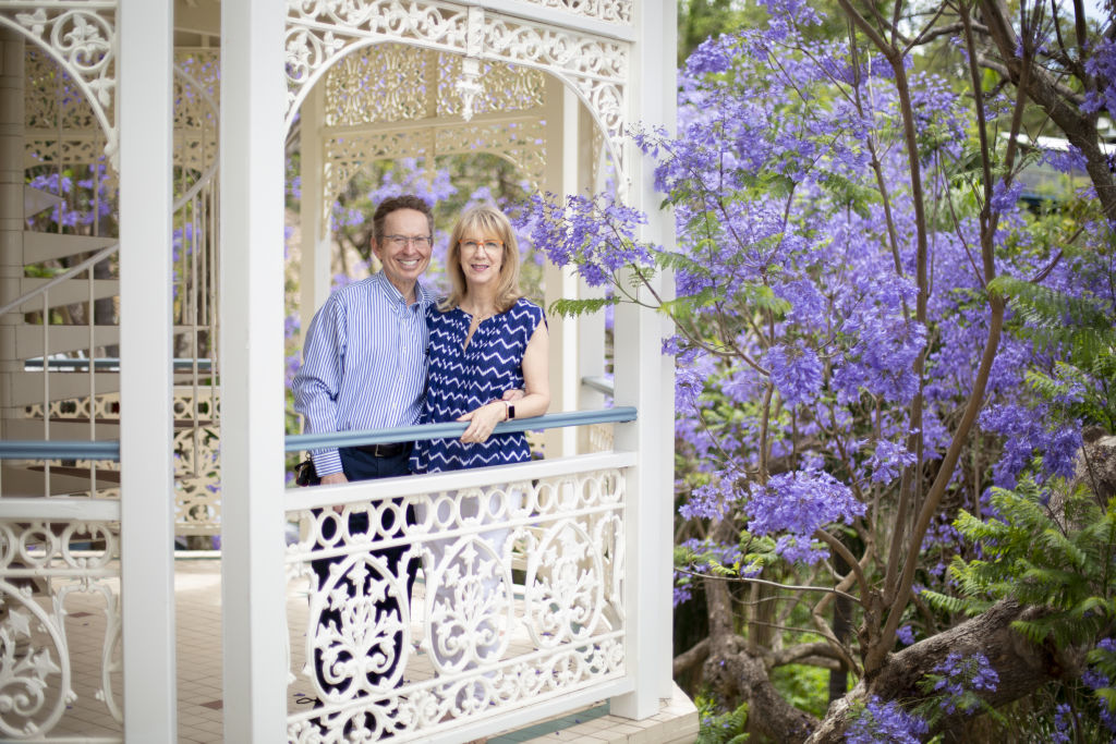Chris and Tania Bradshaw in the five-storey turret at their home, 50 Dauphin Terrace, Highgate Hill. Photo: Tammy Law
