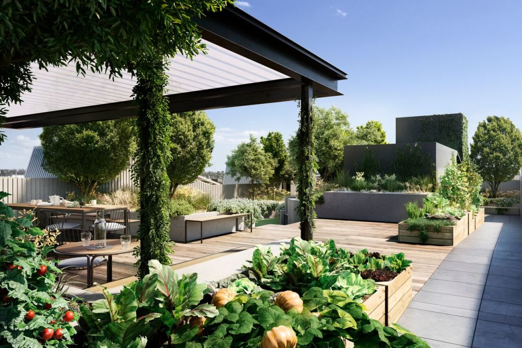 The apartment complex has a large communal rooftop garden area, with vegetable gardens.