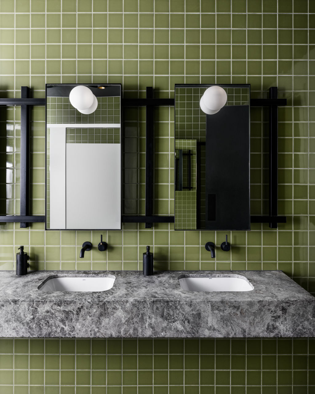 Olive green and marble complete the look in this bathroom. Photo: Tom Blachford Photo: Tom Blachford