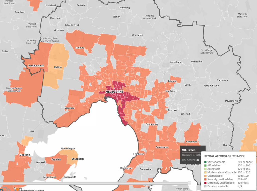 The map shows how affordable rental properties across Melbourne are for a single parent working part-time on government benefits.