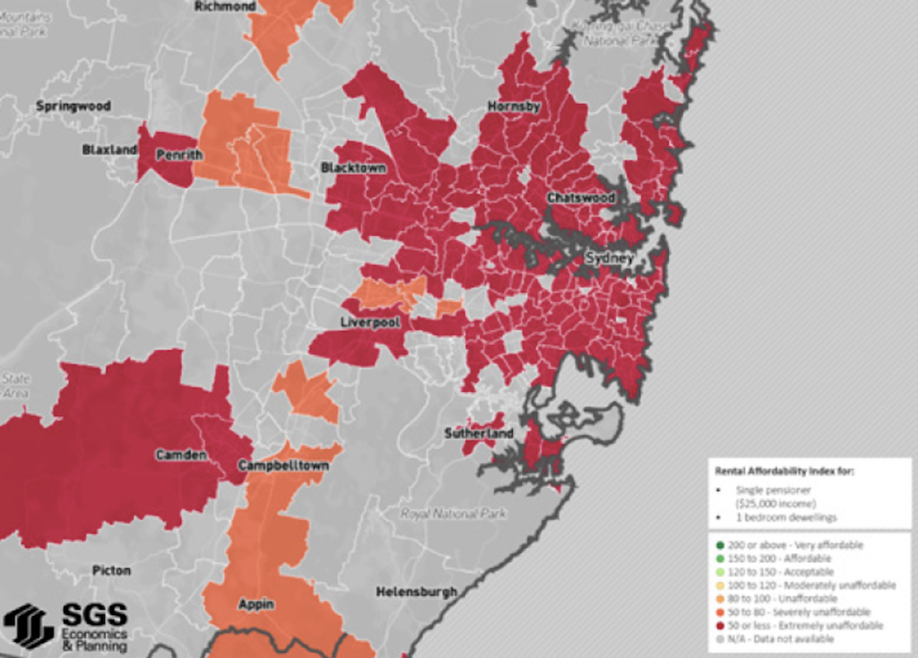 In the red: Median rents across Greater Sydney are severely and extremely unaffordable for a single pensioner. Photo: Source: SGS Economics and Planning, 2018