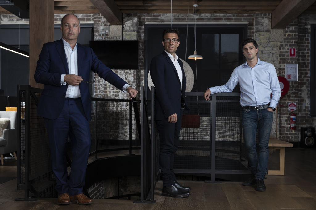 Afterpay's David Hancock, Anthony Eisen and Nick Molnar (pictured left to right) in their Surry Hils office. Photo Louie Douvis Photo: Louie Douvis