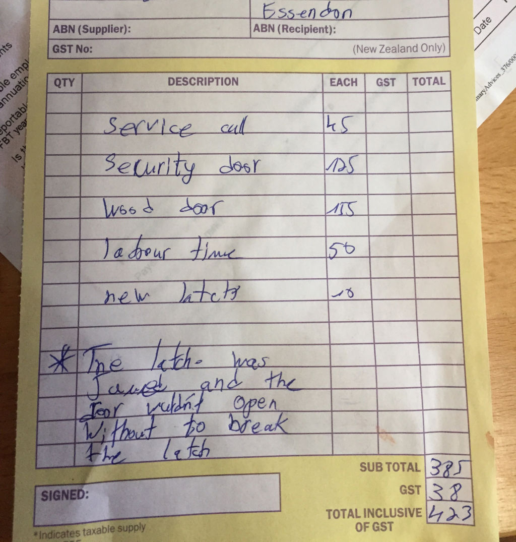 This invoice, with no ABN, was given to a renter who needed the services of a locksmith. Photo: MLAA