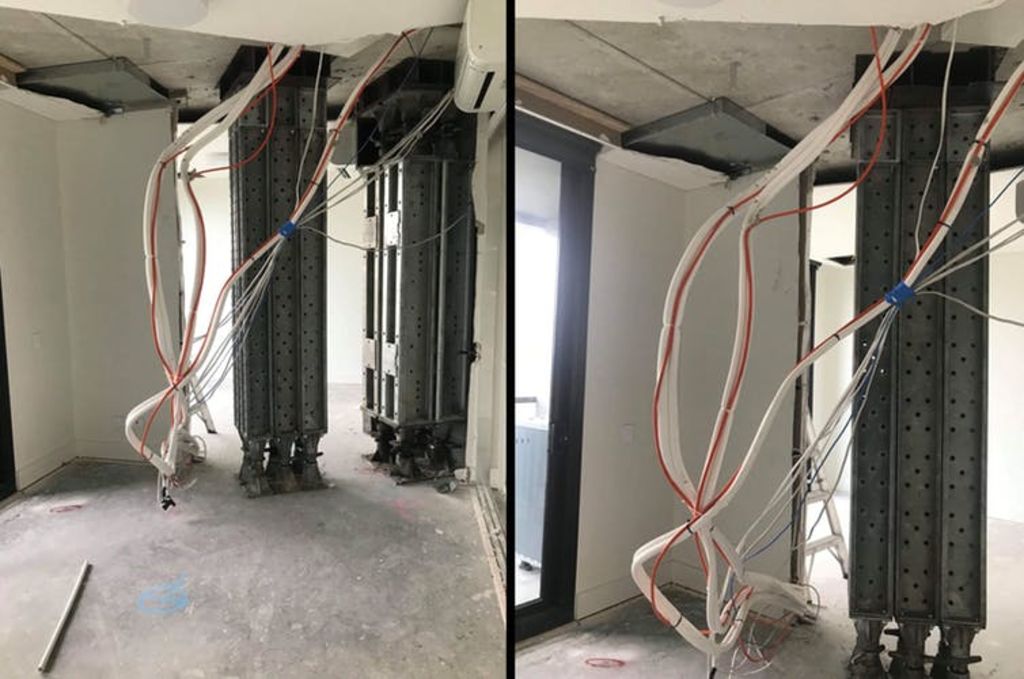 Gutted: these photos show inside an affected Opal Tower apartment. Furniture, floorings and the ceiling have been removed, and propping equipment installed. Residents have complained about no notification such work would occur. Image supplied/AAP