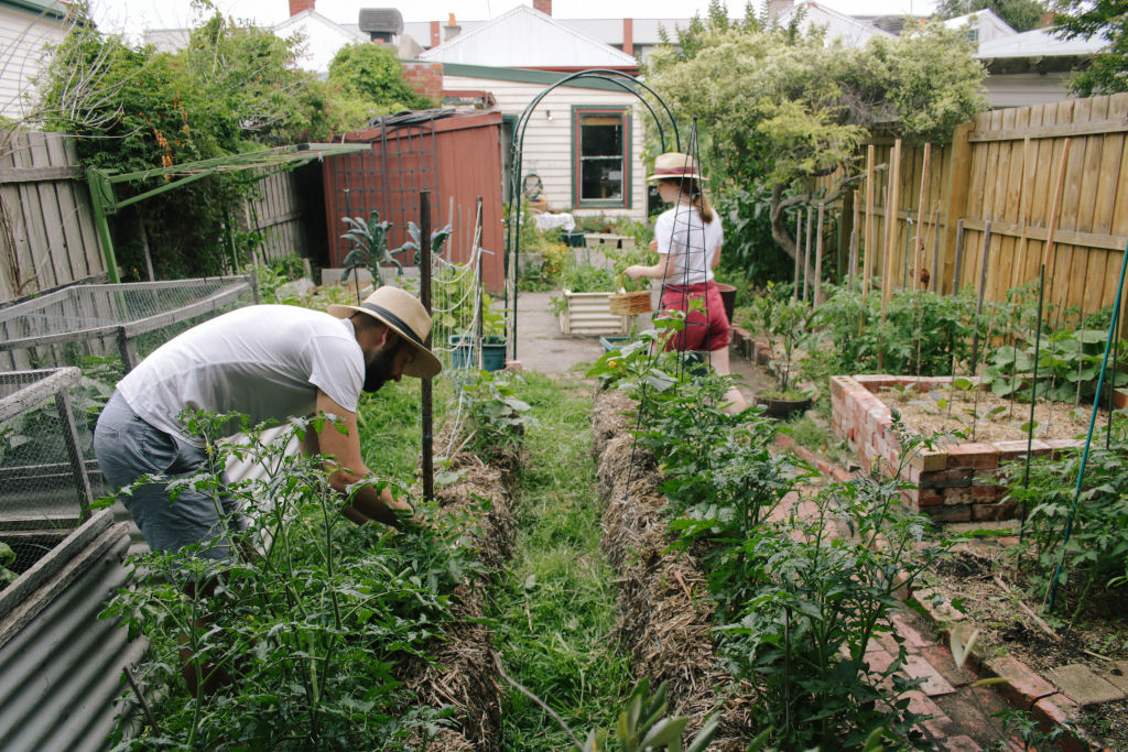 Alex and Julia at work in their rental garden.