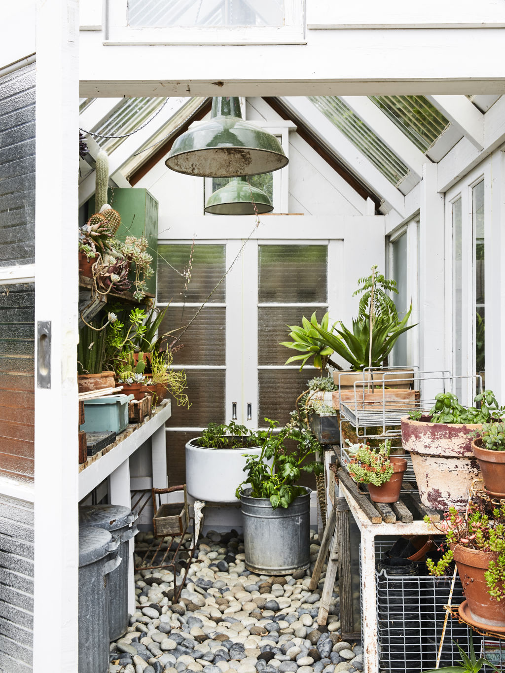 Inside the glasshouse, with pots and galvanised items collected from markets over the years. Photography / Caitlin Mills Styling / Annie Portelli