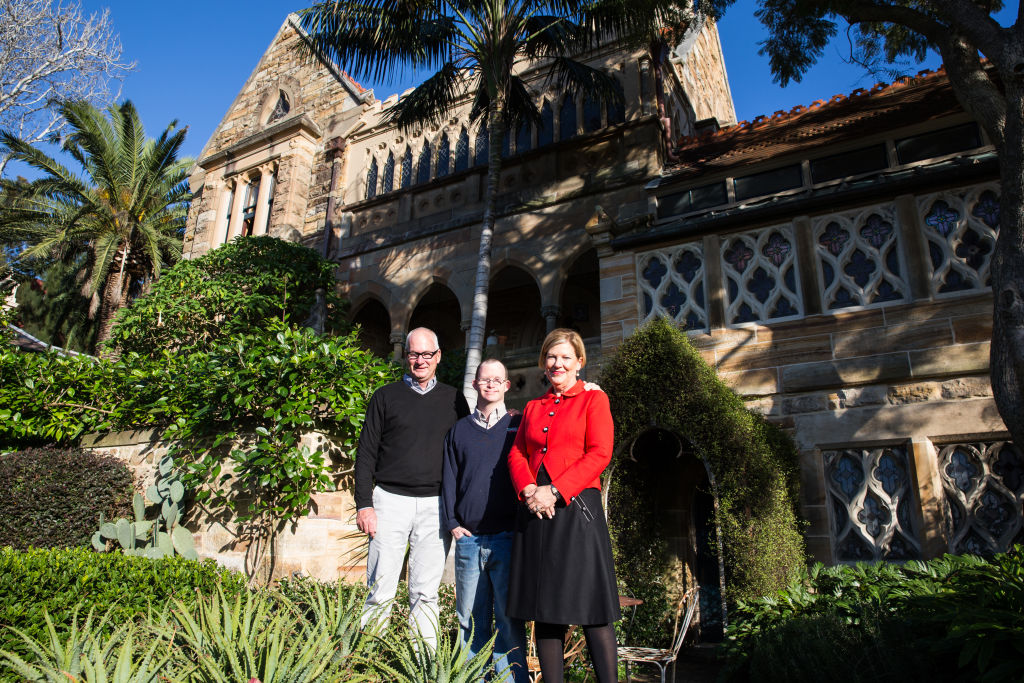 Ann Sherry and her husband Michael Hogan and their son outside their Gothic Annandale property The Abbey. Photo: Edwina Pickles Photo: Edwina Pickles