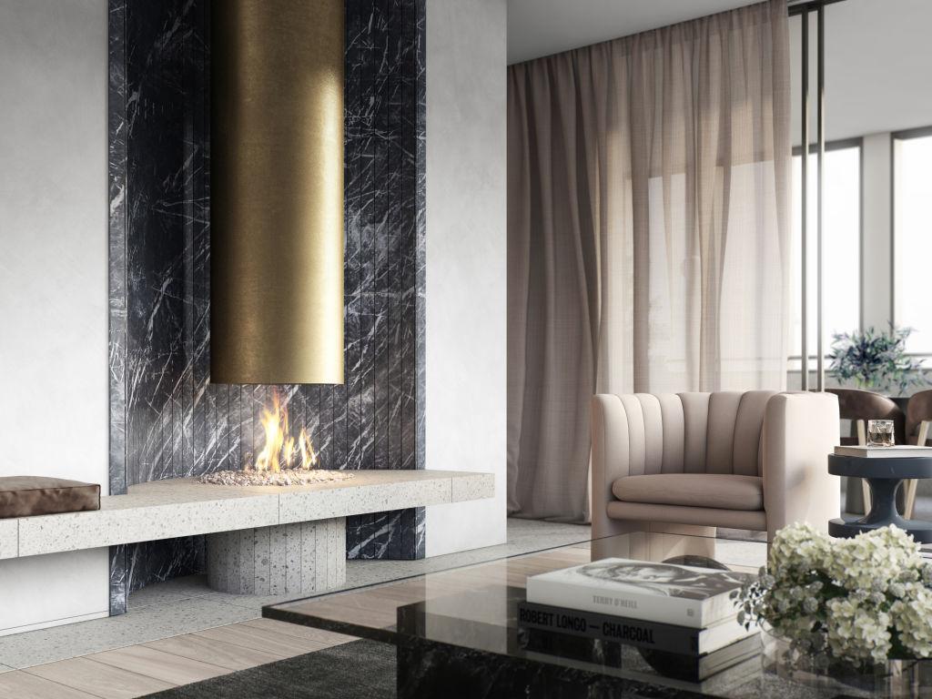 There's a brass fireplace to warm the living room, which is decorated in light tones. Photo: Supplied