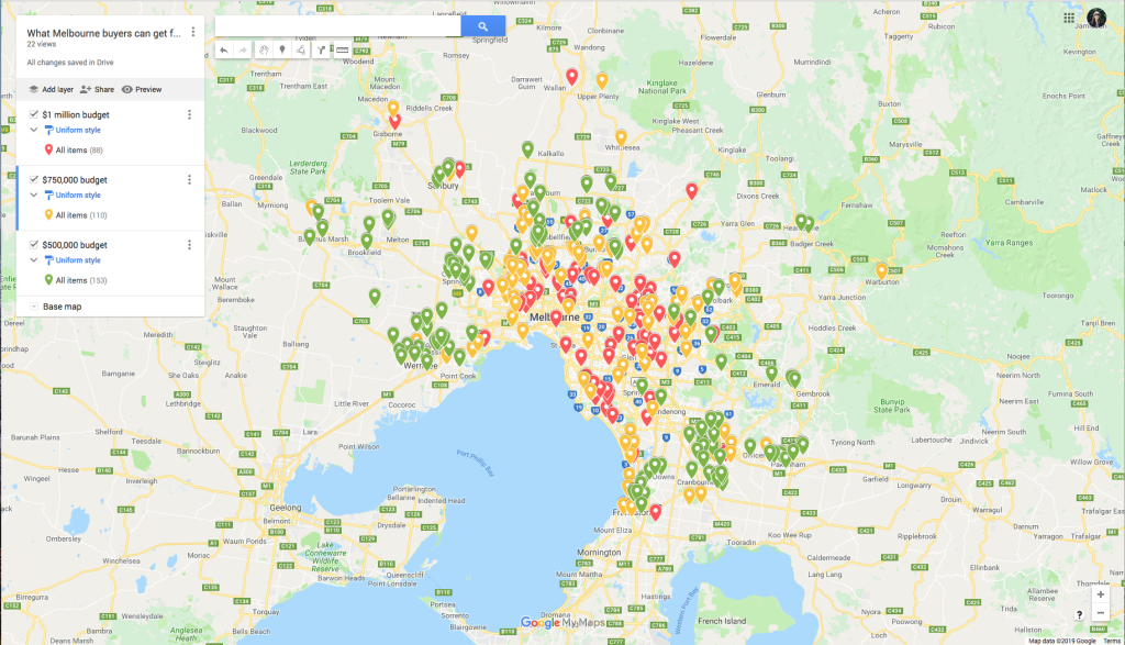 Green pins show recent sales on a $500,000 budget, orange pins show $750,000 and red pins show $1 million. Photo: Domain and Google Maps.