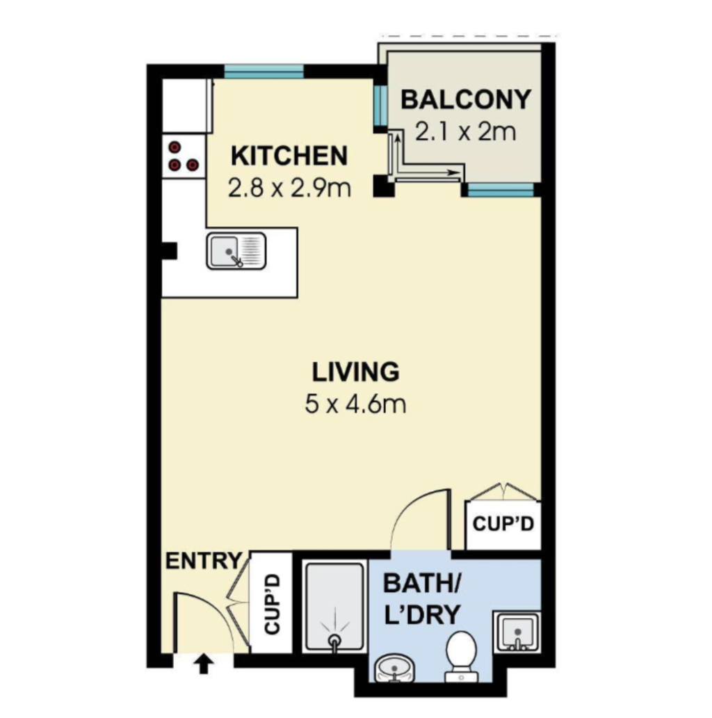 A typical studio apartment floor plan.