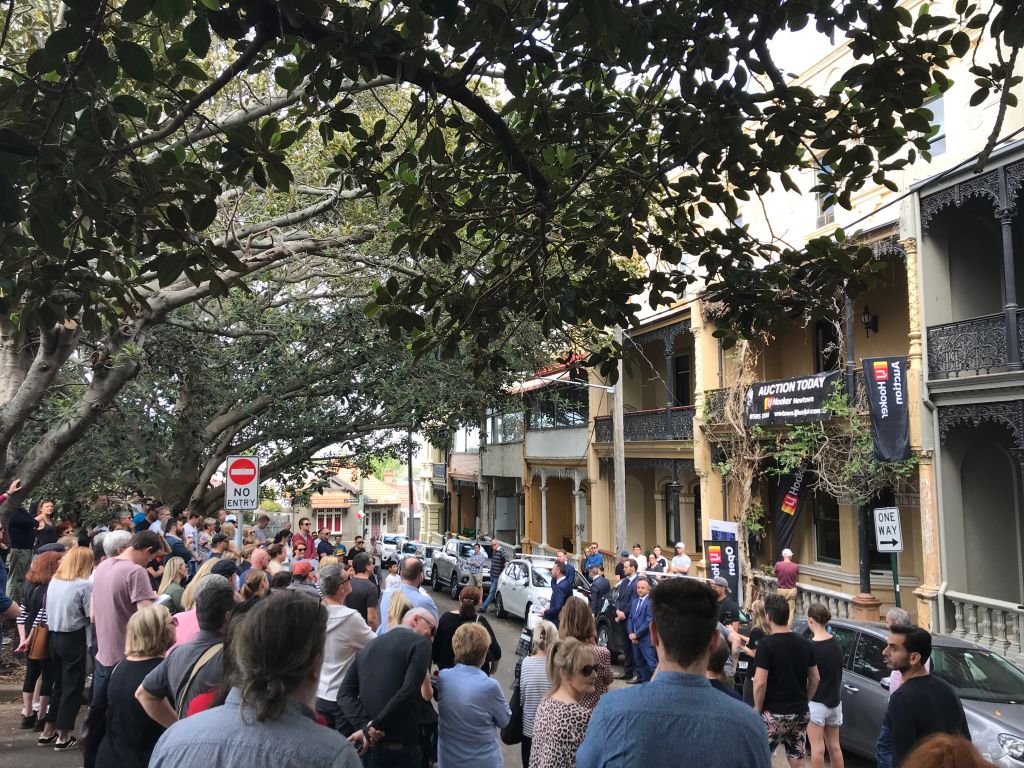 More than 150 people turned out for the auction for 41 Georgina Street, Newtown. Photo: Kate Burke