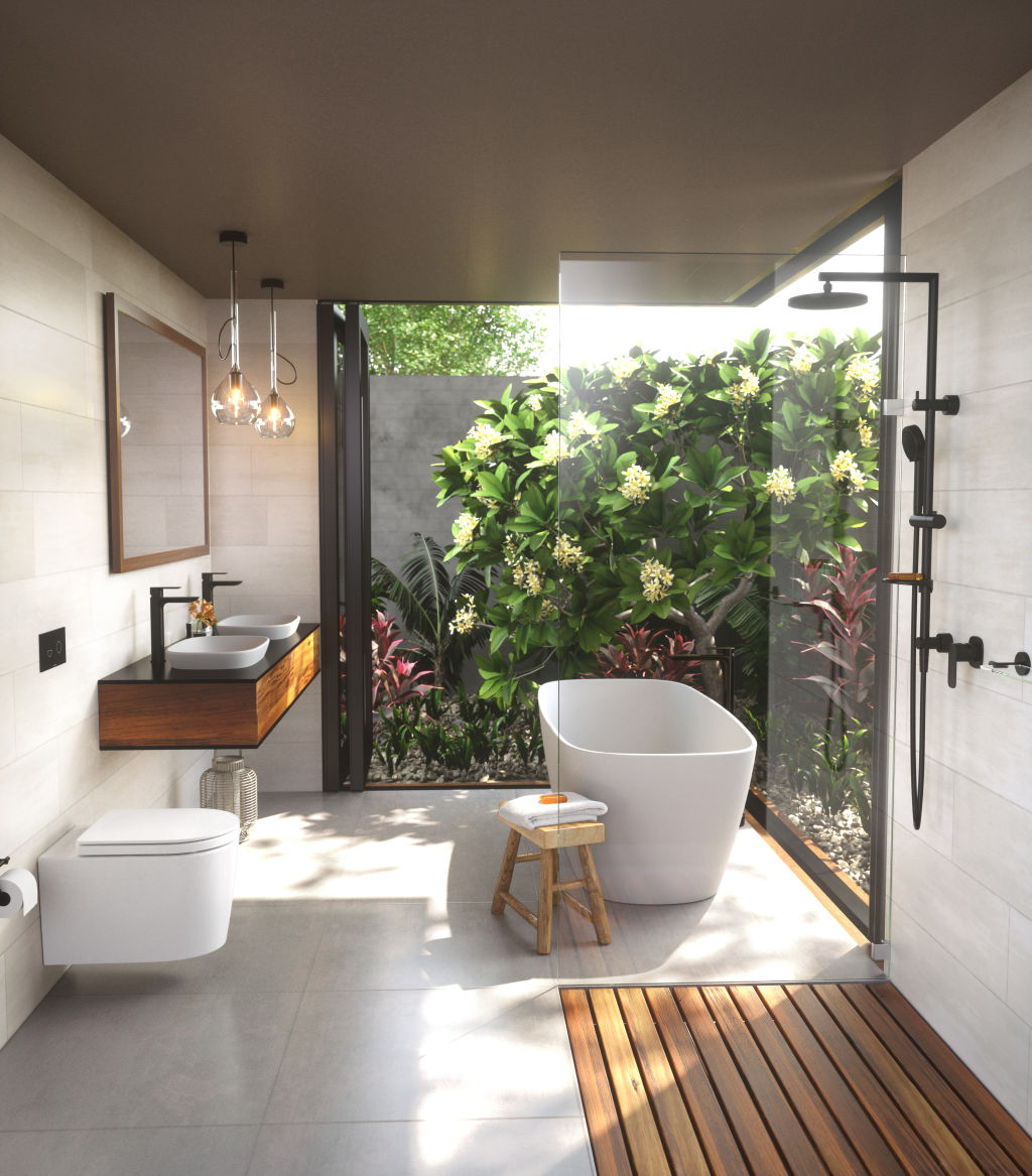 For the past 10 to 15 years, designers say bathrooms have rivalled kitchens as the room clients take most pride in creating. Pictured above is the Caroma Contura bath, basin and mixers, and Liano Nexus rail shower with overhead. Photo: Supplied by Caroma