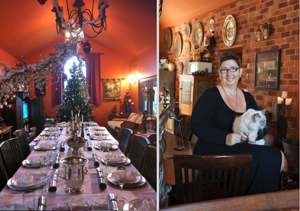 LEFT: A castle-themed Christmas at the residence. RIGHT: Heidi Brett at home with her cat Max. Photo: Supplied