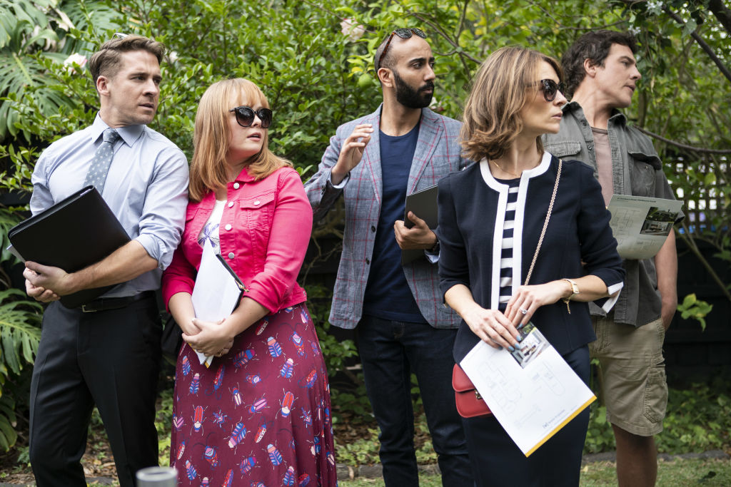 Stewart (second from right) and Peacock (far right) are joined by, from left, Hugh Sheridan as Lachlan, Katie Robertson as Ainsley and Roy Joseph as Harry. Photo: Ten