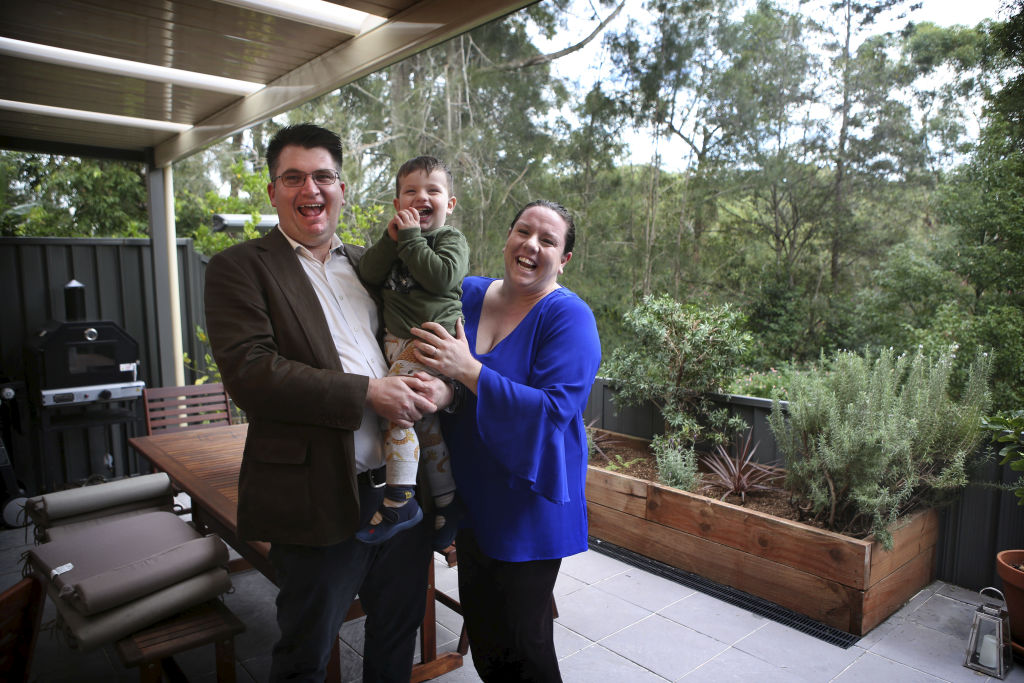 Matthew and Heather Abrahams and two year-old son Charlie are selling their Marsfield townhouse. Photo: James Alcock