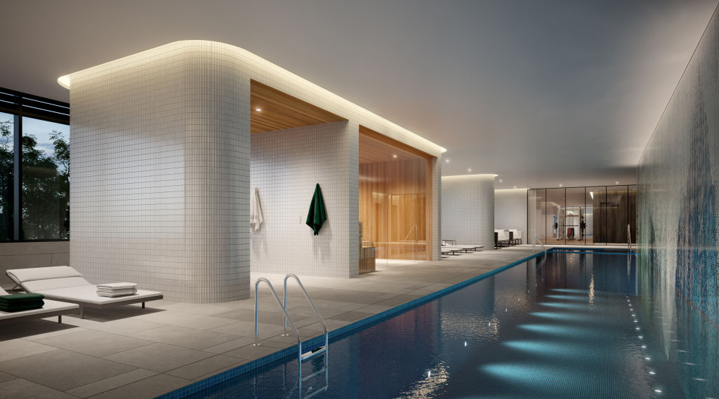 The mosaic-tiled pool and spa area with also feature a sauna. Photo: Supplied