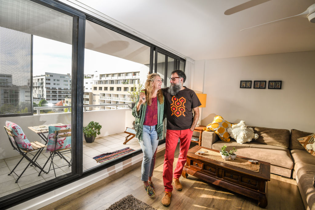 Kylee Bowring and Kike Llonch-Martorell have put their two-bedroom Alexandria apartment on the market to upsize. Photo: Peter Rae.