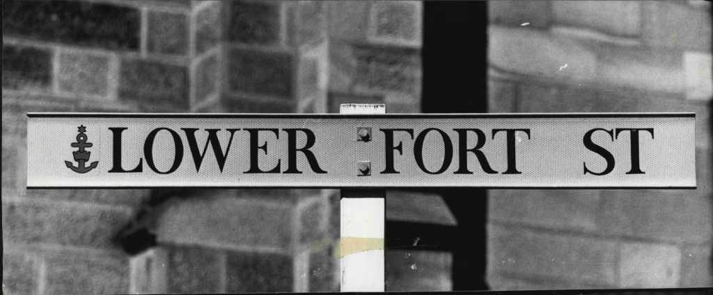 An archive photo of the Lower Fort Street sign in Millers Point. Photo: Robert Pearce / Fairfax Media