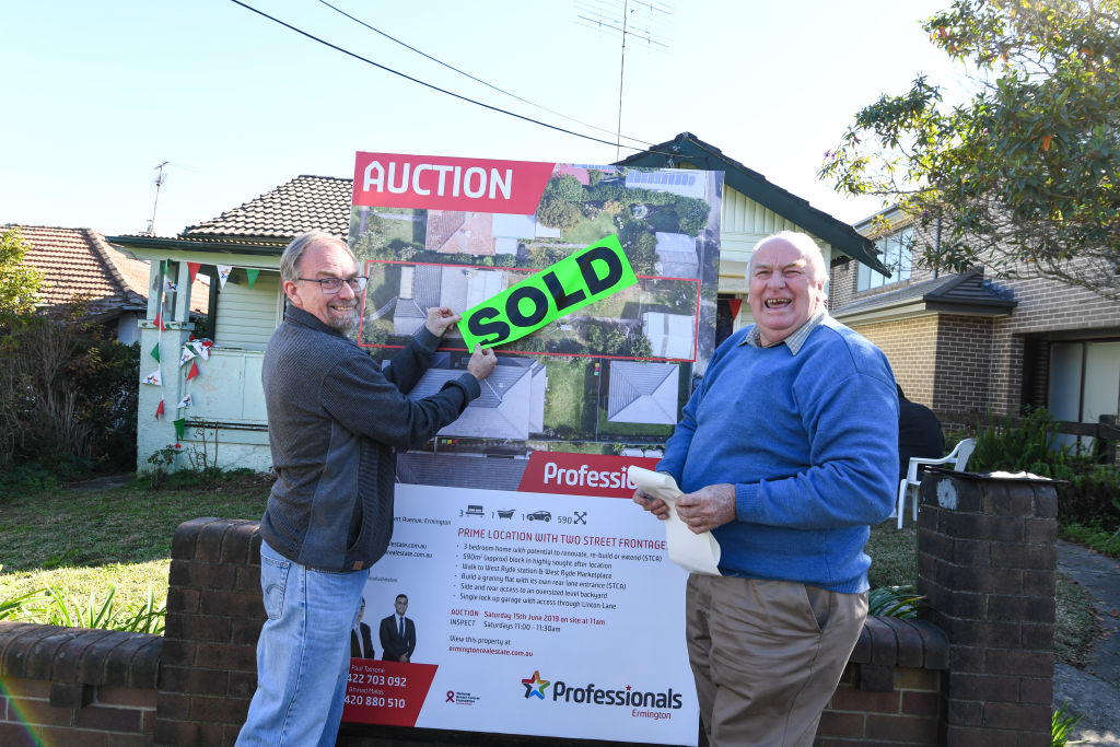 Happy Vendors brothers (L) Trevor and Max Wheat after they sold their family home at 15 Linton Avenue, West Ryde.  Photo by Peter Rae. Saturday 15 June, 2019. Photo: Peter Rae.