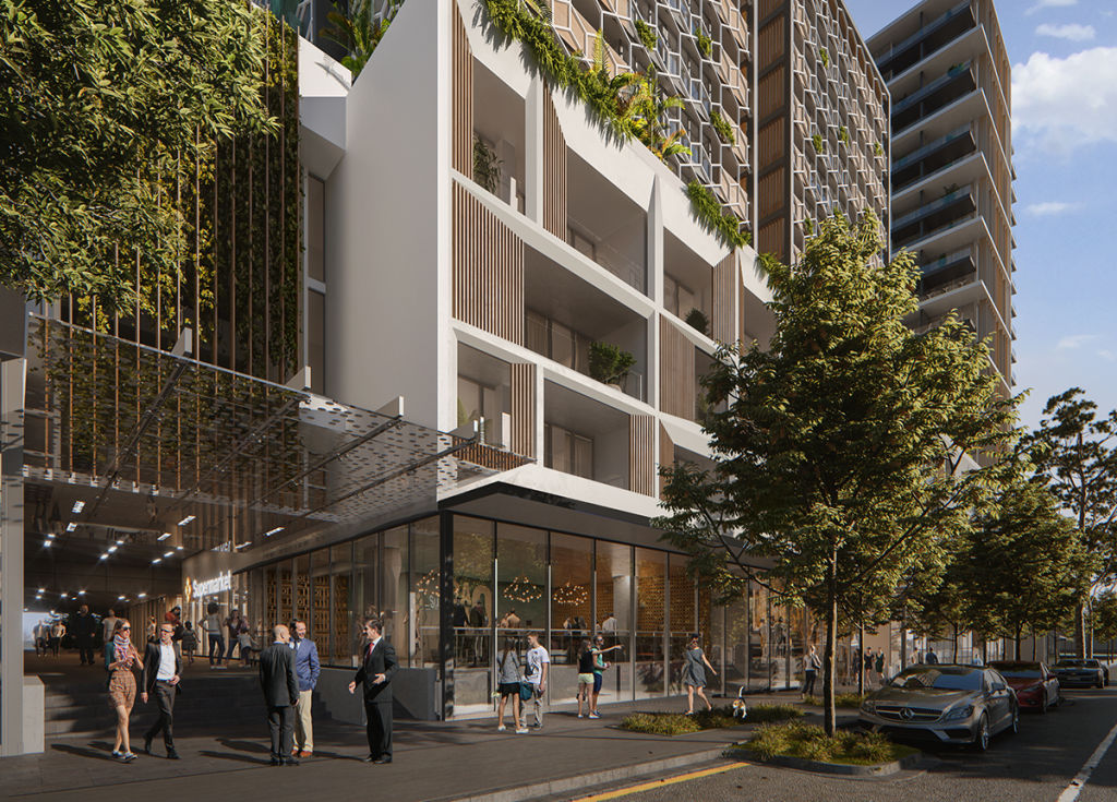 Granville Place will include a retail precinct with a Woolworths supermarket. Render: Develotek