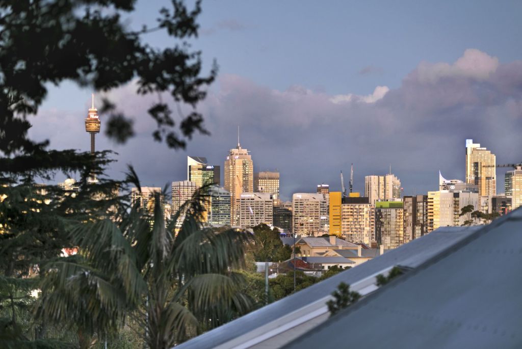 There are views of the city skyline from the upper level.