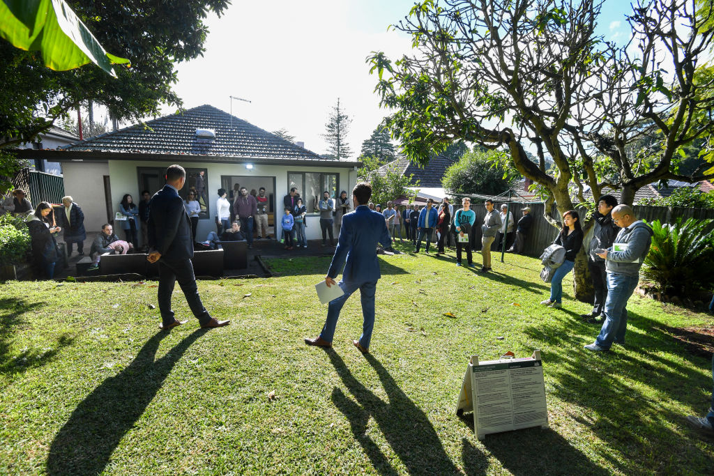 About 40 people turned out for the auction of the Lane Cove West house on Saturday. Photo: Peter Rae