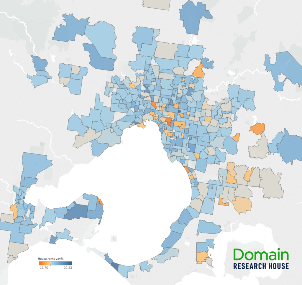 Note: Maps show year-on-year % change in median rents. Suburb rents are calculated on a 12-month basis, minimum 30 observations. Source: Domain Group