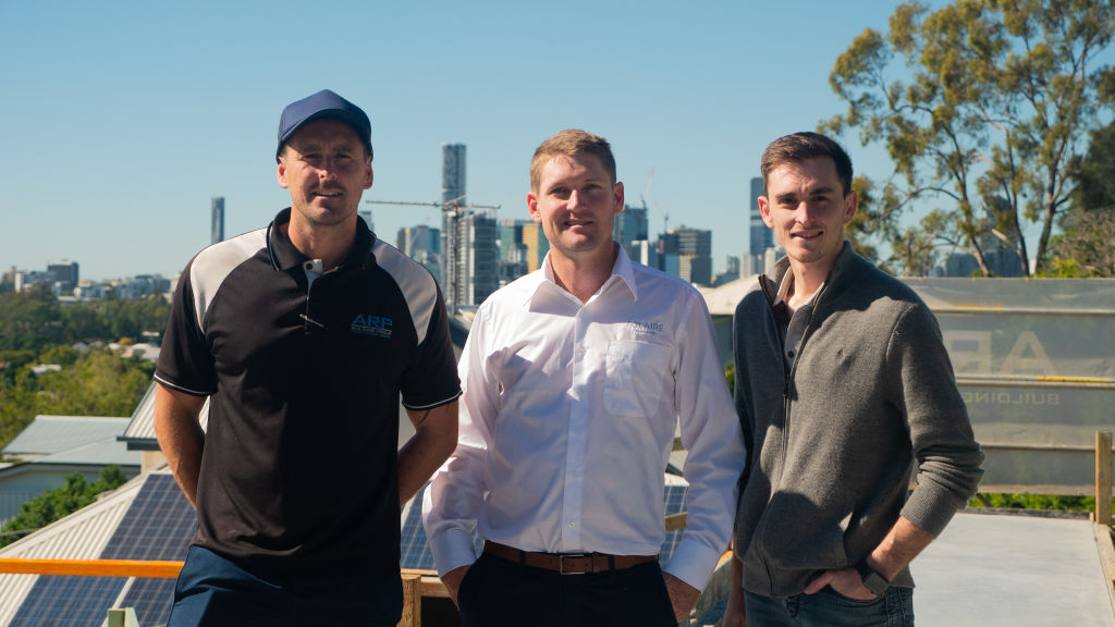 The team behind Australia's largest passive house: Paul McElhenny, Harley Weston and James McElhenny. Photo: Supplied