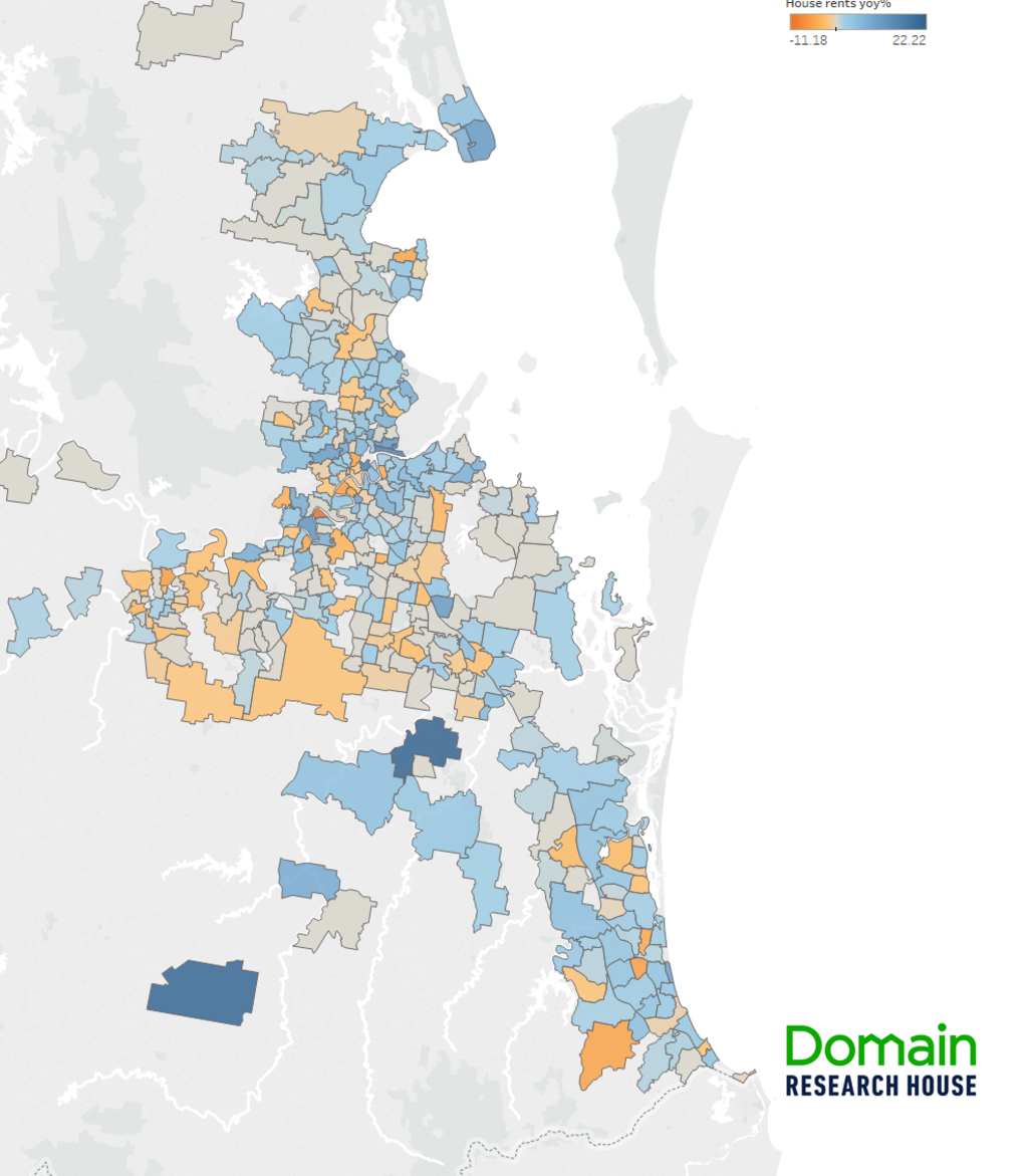 Maps show year-on-year percentage change in median rents. Suburb rents are calculated on a 12-month basis, minimum 30 observations. Photo: Domain Group