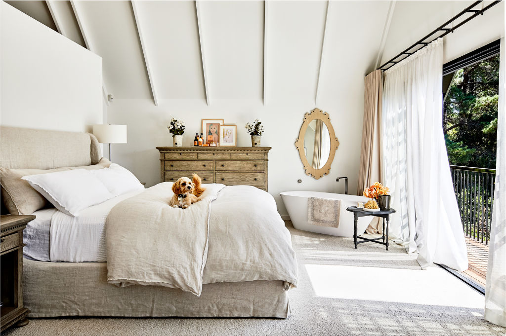 The master bedroom – ‘a sanctuary of calmness’. Styling: Lucy Feagins Photo: Amelia Stanwix